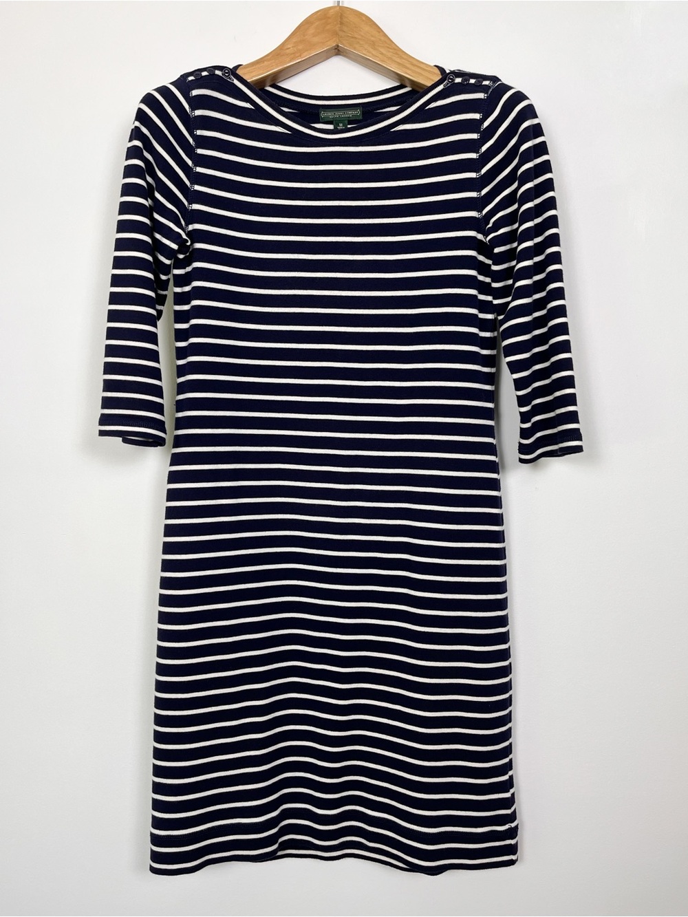 Ralph Lauren Navy and White‎ Cotton Striped Midi Dress 3/4 Sleeves Size Medium